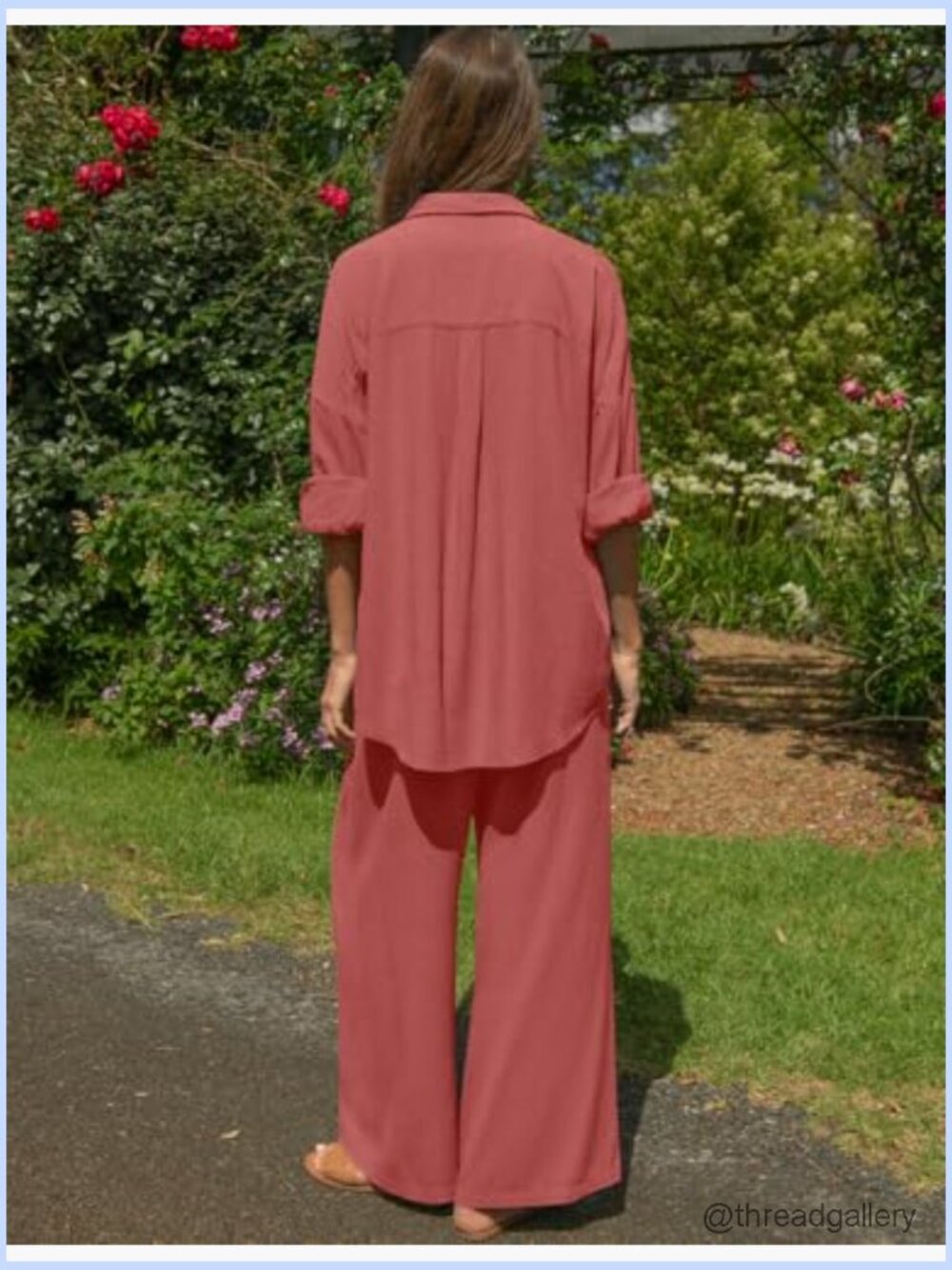 Women's Linen 2 Piece Lounge Set - Button Down Shirt & Wide Leg Pants - Picture 4 of 7